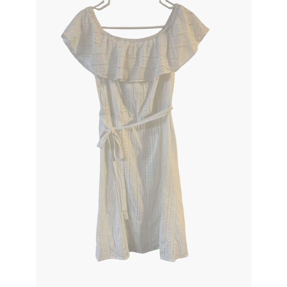 New York & Company Womens White Eyelet Dress With Ruffle Neckline & Belted Waist